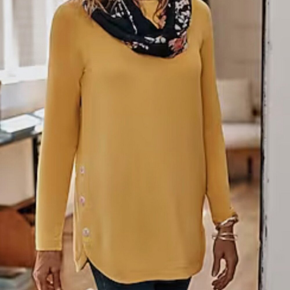 J Jill Womens Luxe French Terry Side-Button Tunic Top M Yellow Preppy Coastal